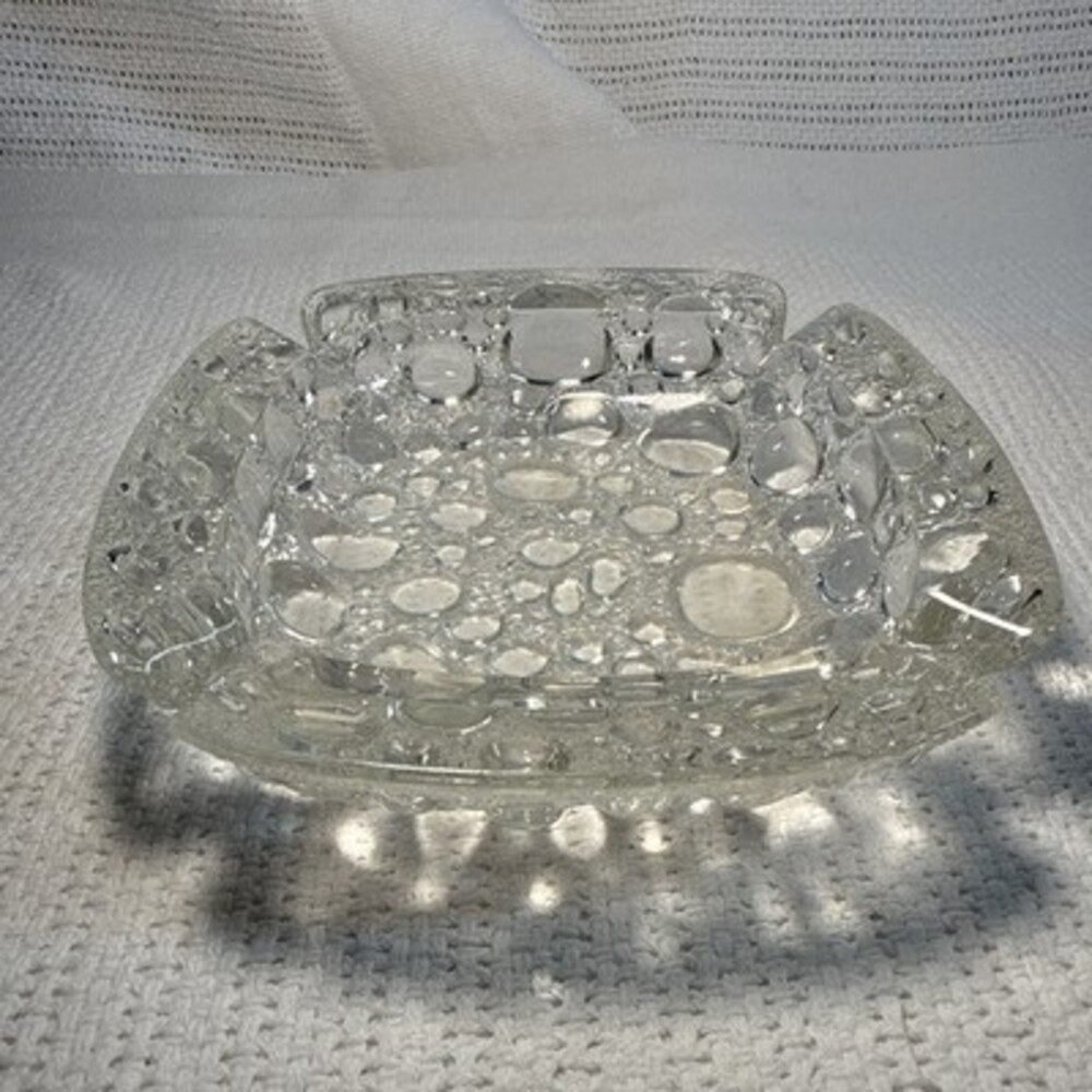 Mid Century Modern Libbey Clear Glass Ashtray Pebble Bubble 6” Square Vintage